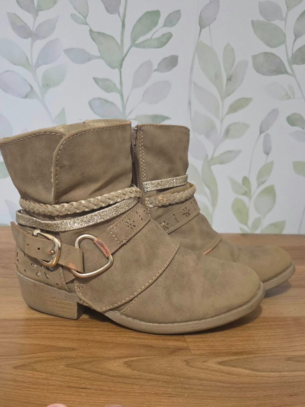 Girls Jellypop Tan Faux Suede Heart-Buckle Ankle Boots - Size 6